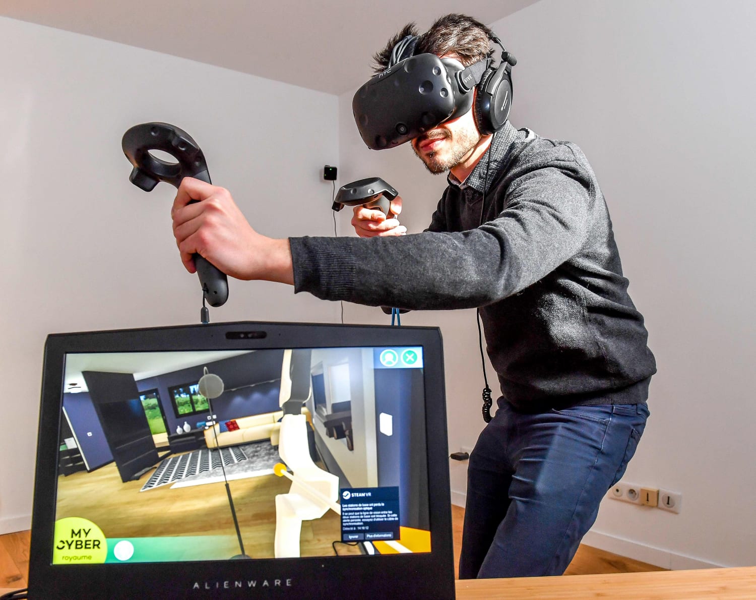 A person playing a virtual reality game